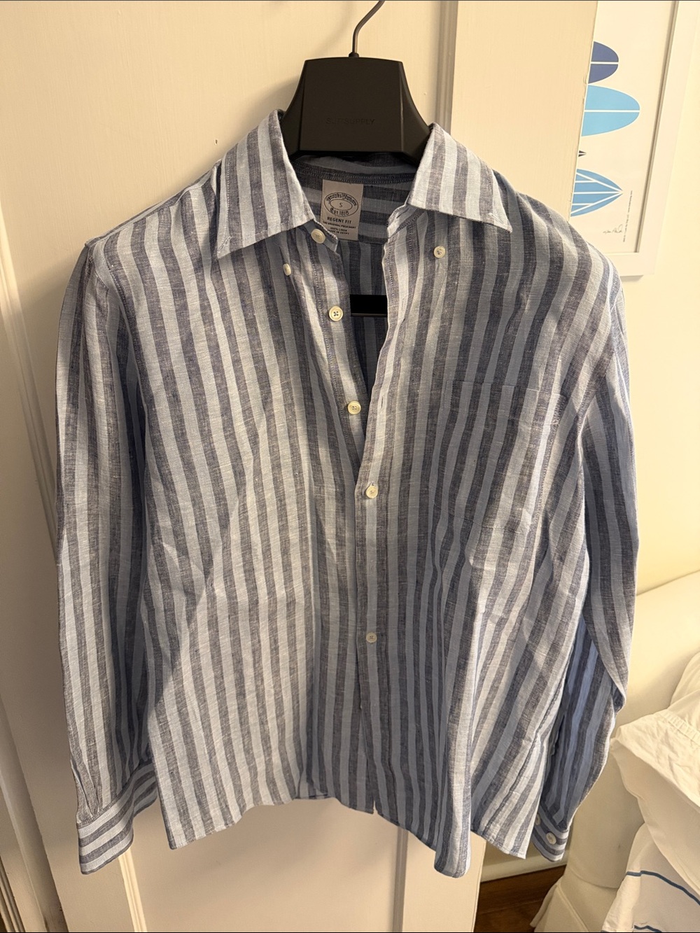 Brooks Brothers Blue and White Striped Linen Button-Down Shirt